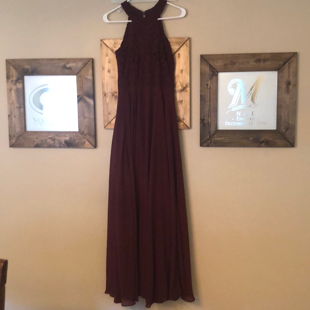 Lulu’s burgundy lace top halter maxi dress